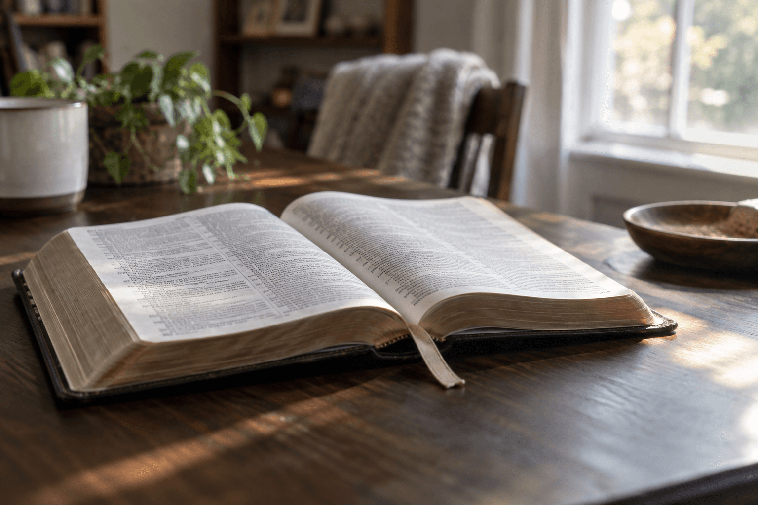 Photographic illustration of an open Bible on a wooden table
