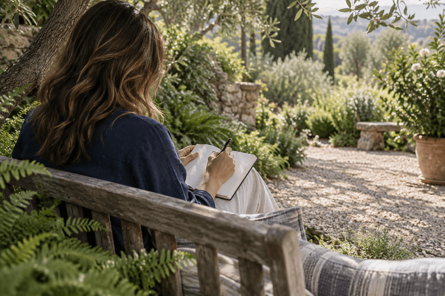 Photographic illustration: a woman writing in a journal on a garden bench