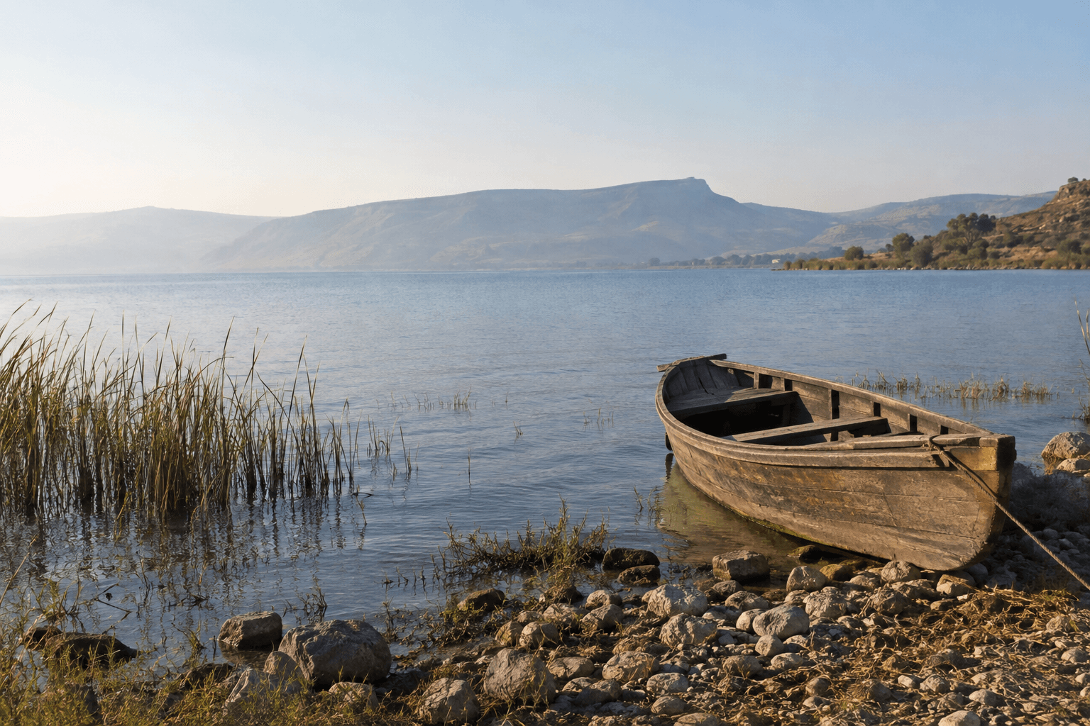 Photographic illustration: an empty wooden boat beside a peaceful lake