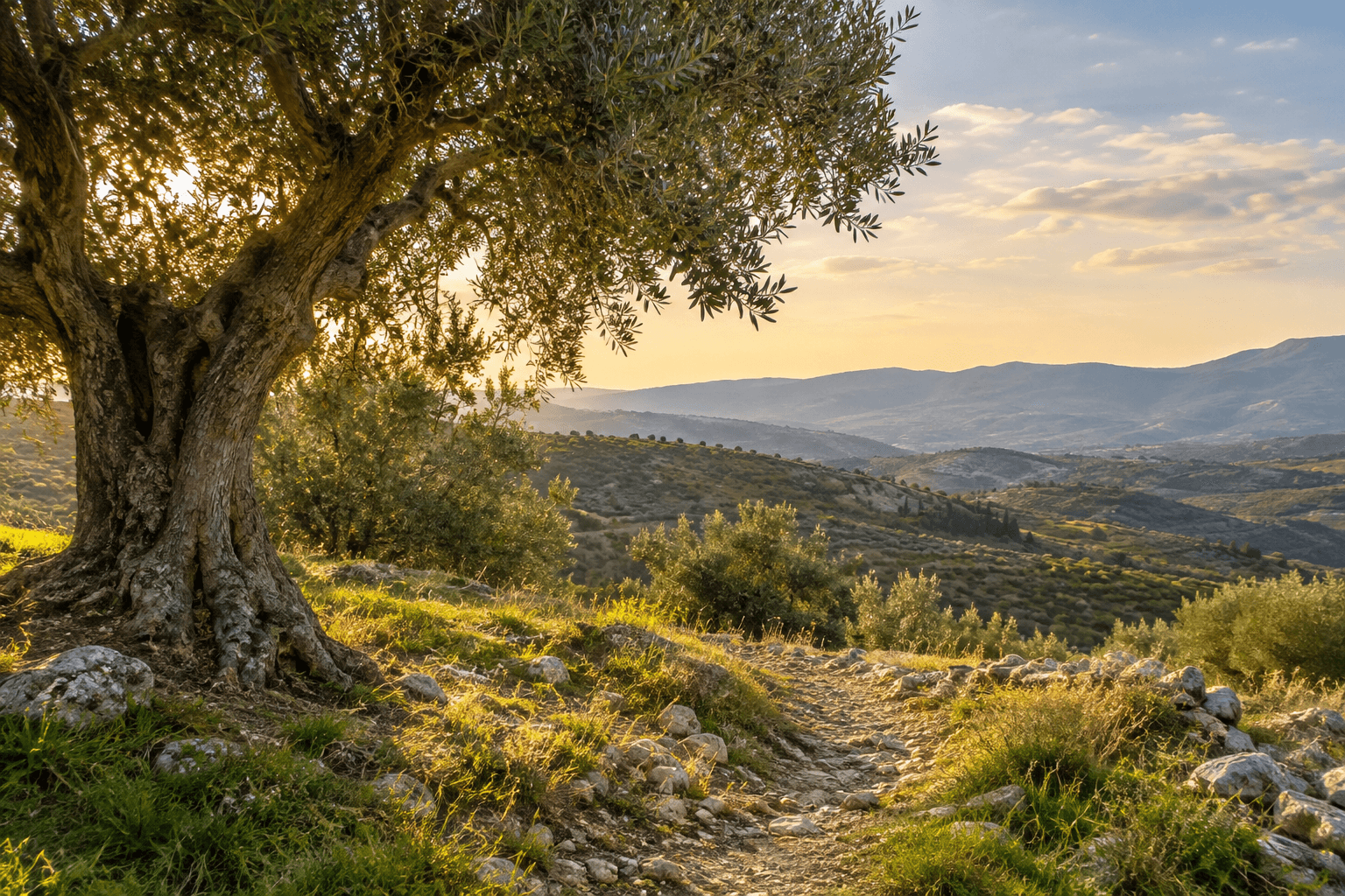 Photographic illustration: an olive tree and a quiet footpath through rolling hills