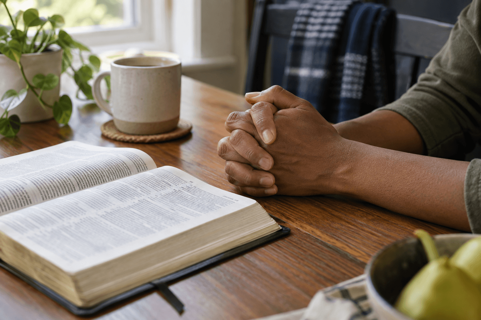 Photographic illustration of hands clasped in prayer beside a Bible