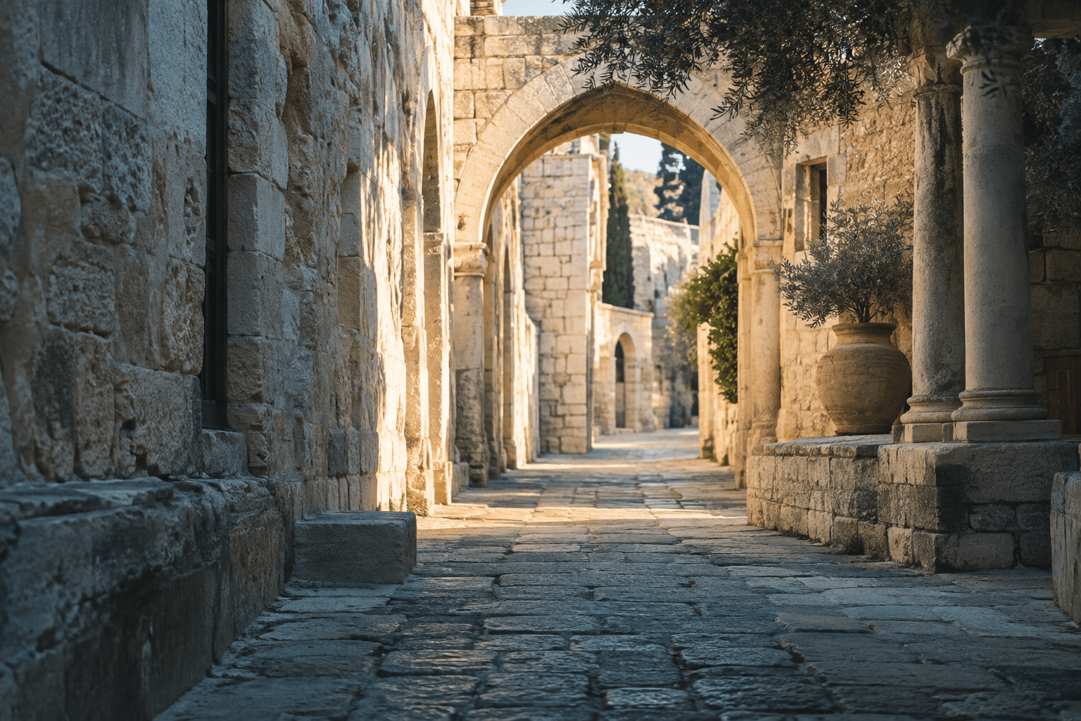 Photographic illustration: a quiet stone lane with arches and classical columns
