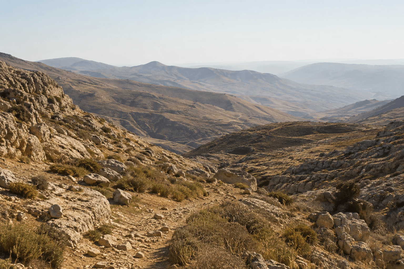 Photographic illustration: a path through dry limestone hills