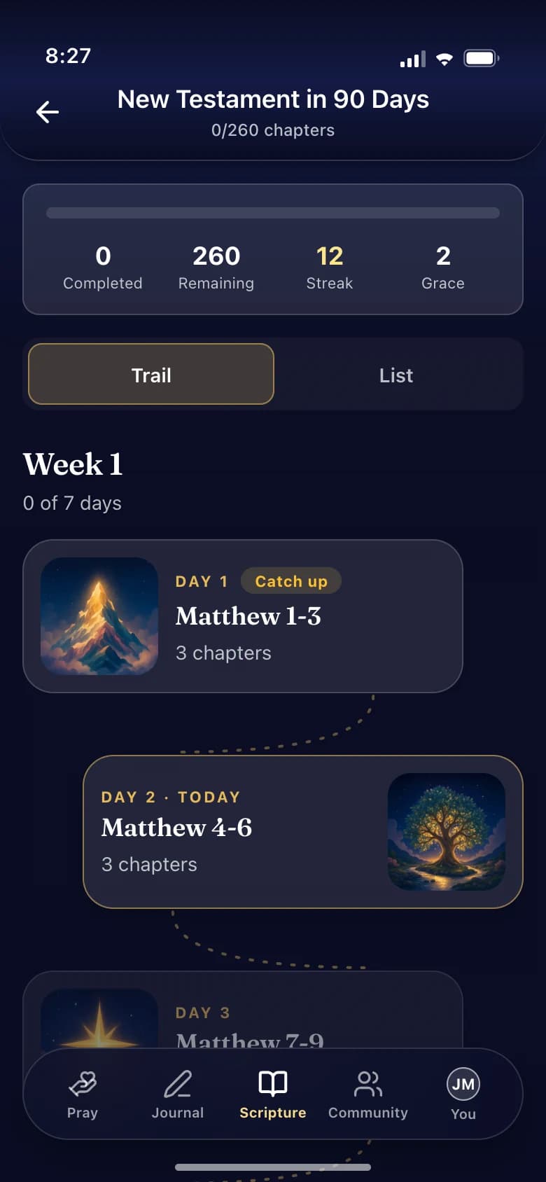 A sample reading plan showing daily progress in the Living Sword demo