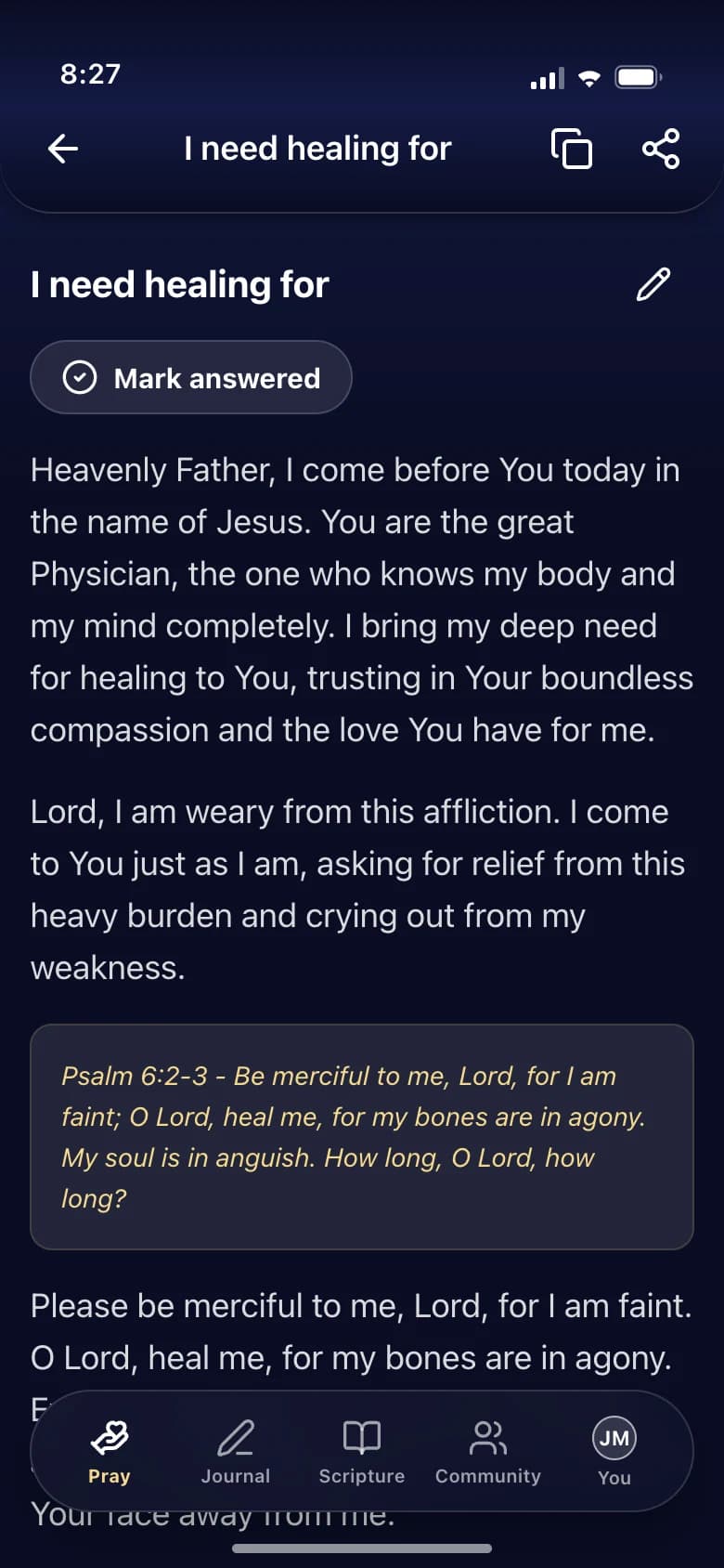 Sample prayer with Bible references in the app demo