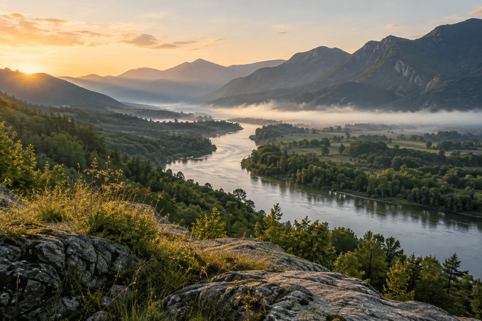 Photographic illustration: a winding river through a green valley at first light