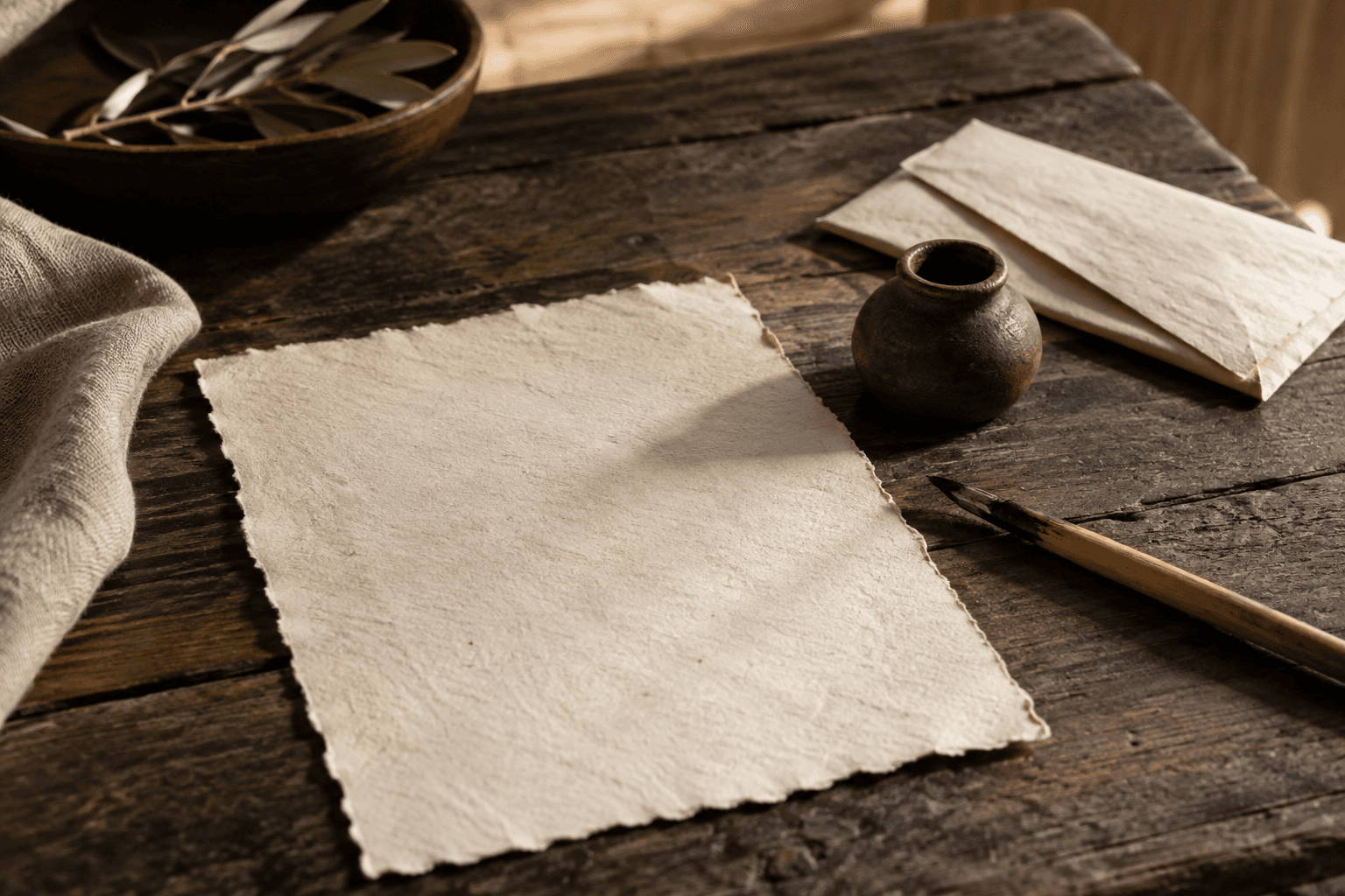 Photographic illustration: unmarked paper, a reed pen and a clay inkwell on a wooden desk
