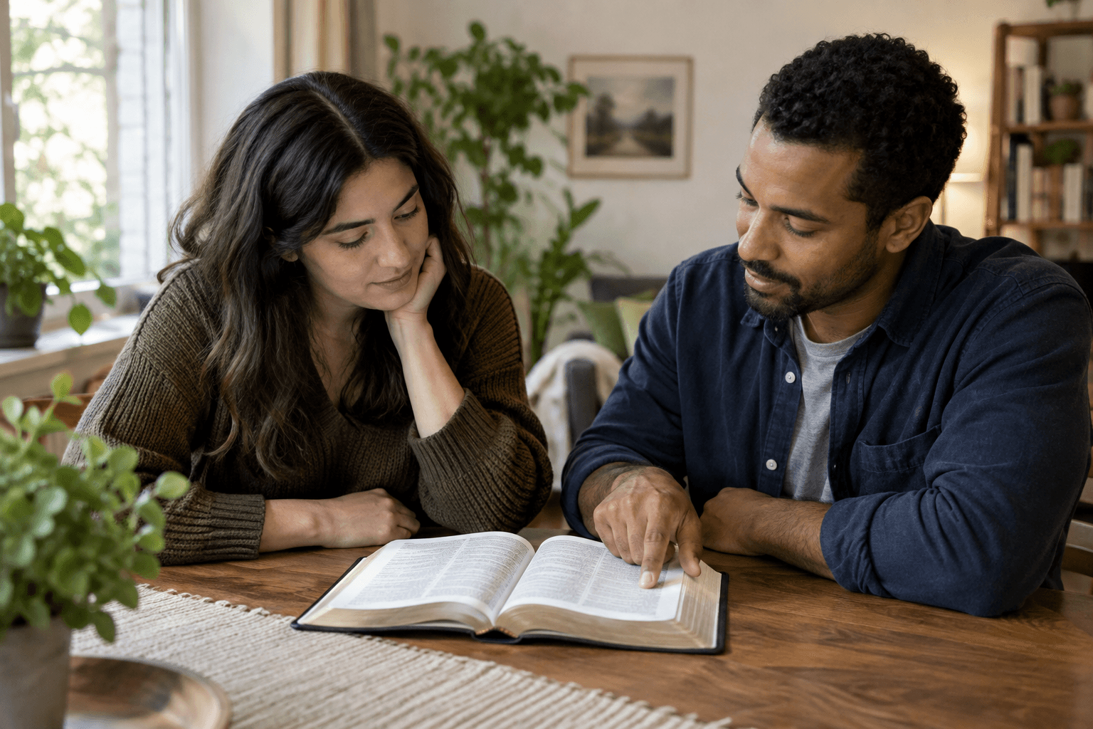 Photographic illustration: two adults reading and discussing a bible at home