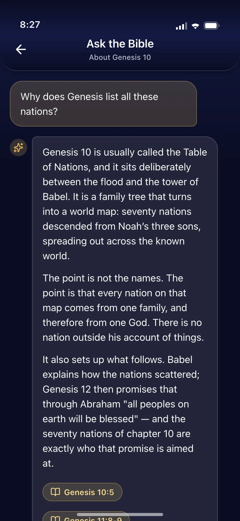 A sample Bible question and referenced answer in the app demo