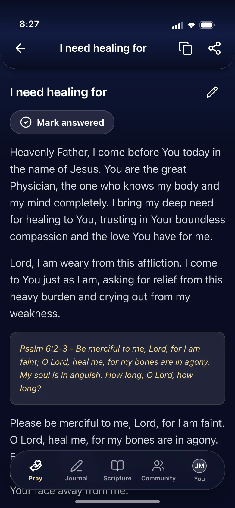 A prayer in Living Sword with its Scripture references